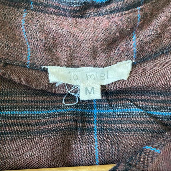 La Miel Plaid Shirt. Medium. Brown with blue, black. Oversized fit. Distressed. - Picture 6 of 7